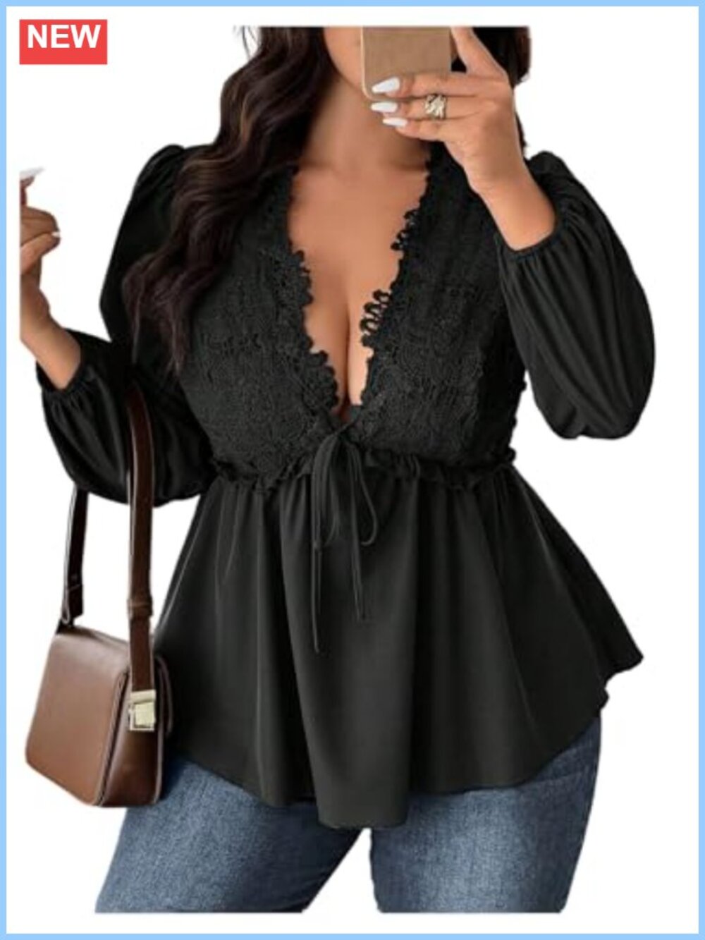 Women's Plus Size Lace Deep V Neck Peplum Ruffle Hem Blouse Top